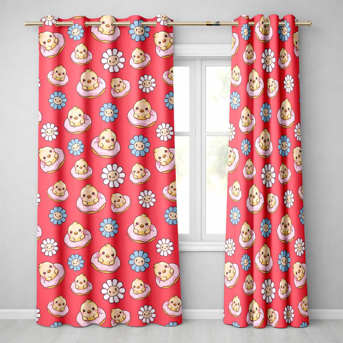 Cute Kawaii Chick Sitting on Donut with Flowers Seamless Pattern Red Background Readymade Eyelet Ring Top Thermal 100% Blackout Curtains