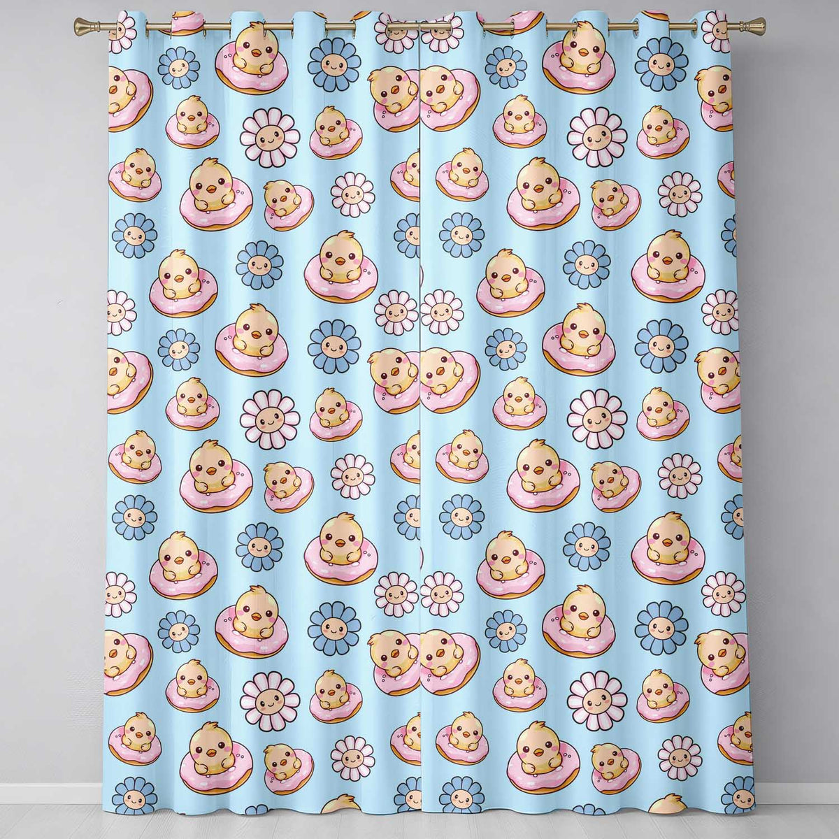 Kawaii Chick Sitting on Donut with Flowers Seamless Pattern Teal Background Readymade Eyelet Ring Top Thermal 100% Blackout Curtains