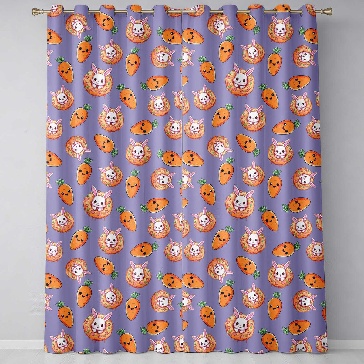 Cute Kawaii Bunny with Carrot Donut Seamless Pattern Purple Background Readymade Eyelet Ring Top Thermal 100% Blackout Curtains