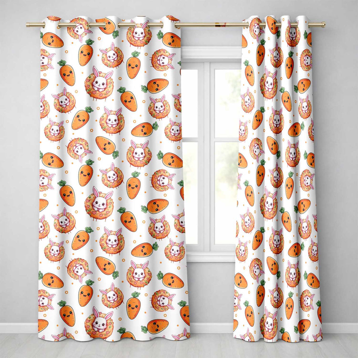 Cute Kawaii Bunny with Carrot Donut Seamless Pattern Grey Background Readymade Eyelet Ring Top Thermal 100% Blackout Curtains