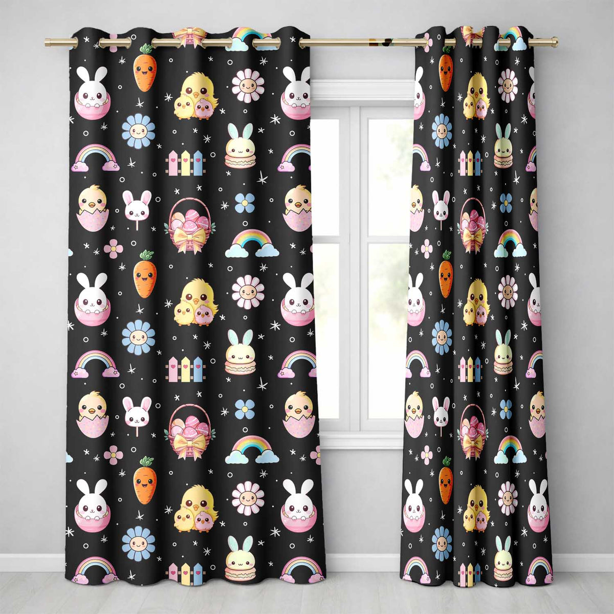 Easter Chick Bunny Macaron Carrot Rainbow Seamless Pattern Black Background Readymade Eyelet Ring Top Thermal 100% Blackout Curtains