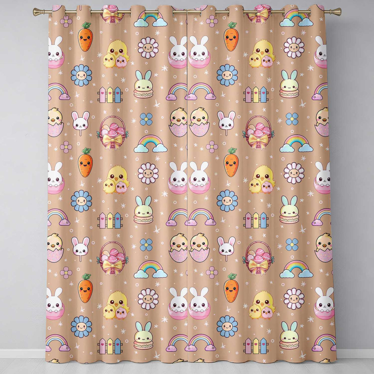 Easter Chick Bunny Macaron Carrot Rainbow Seamless Pattern Peach Background Readymade Eyelet Ring Top Thermal 100% Blackout Curtains