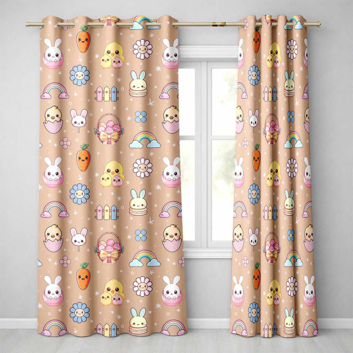 Easter Chick Bunny Macaron Carrot Rainbow Seamless Pattern Peach Background Readymade Eyelet Ring Top Thermal 100% Blackout Curtains