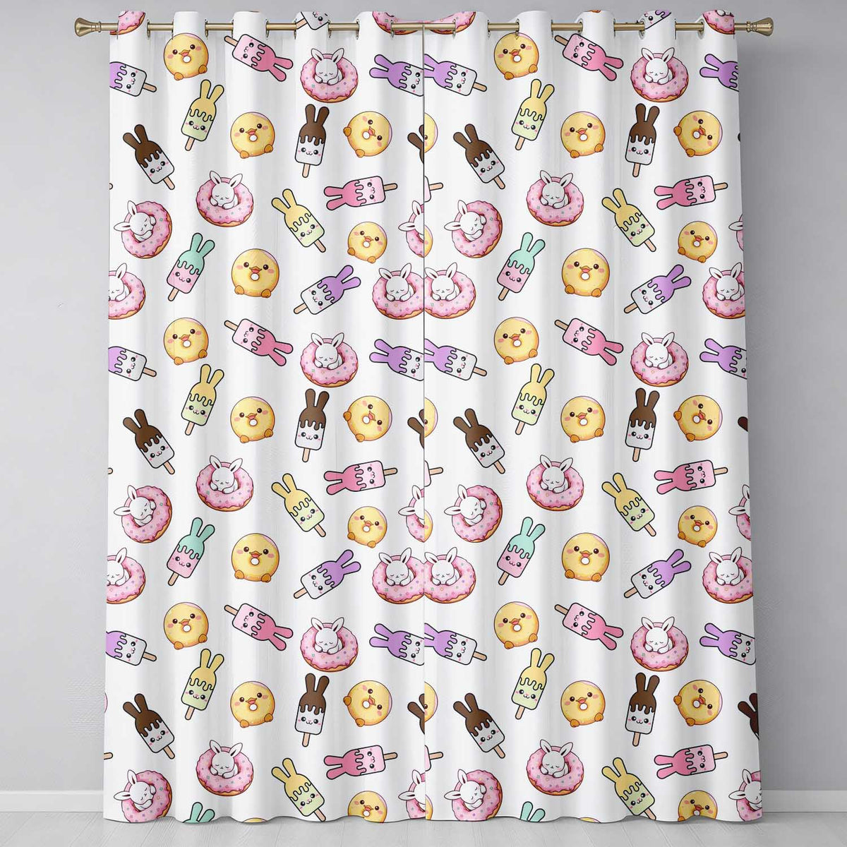 Cute Bunny Ice Cream Donut Chick Kawaii Seamless Pattern Cream Background Readymade Eyelet Ring Top Thermal 100% Blackout Curtains