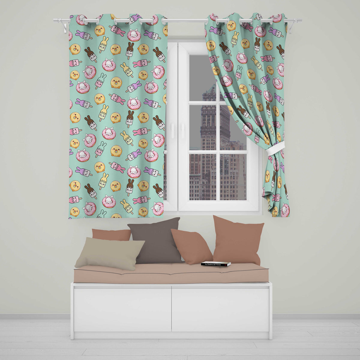 Cute Bunny Ice Cream Donut Chick Kawaii Seamless Pattern Mint Background Readymade Eyelet Ring Top Thermal 100% Blackout Curtains