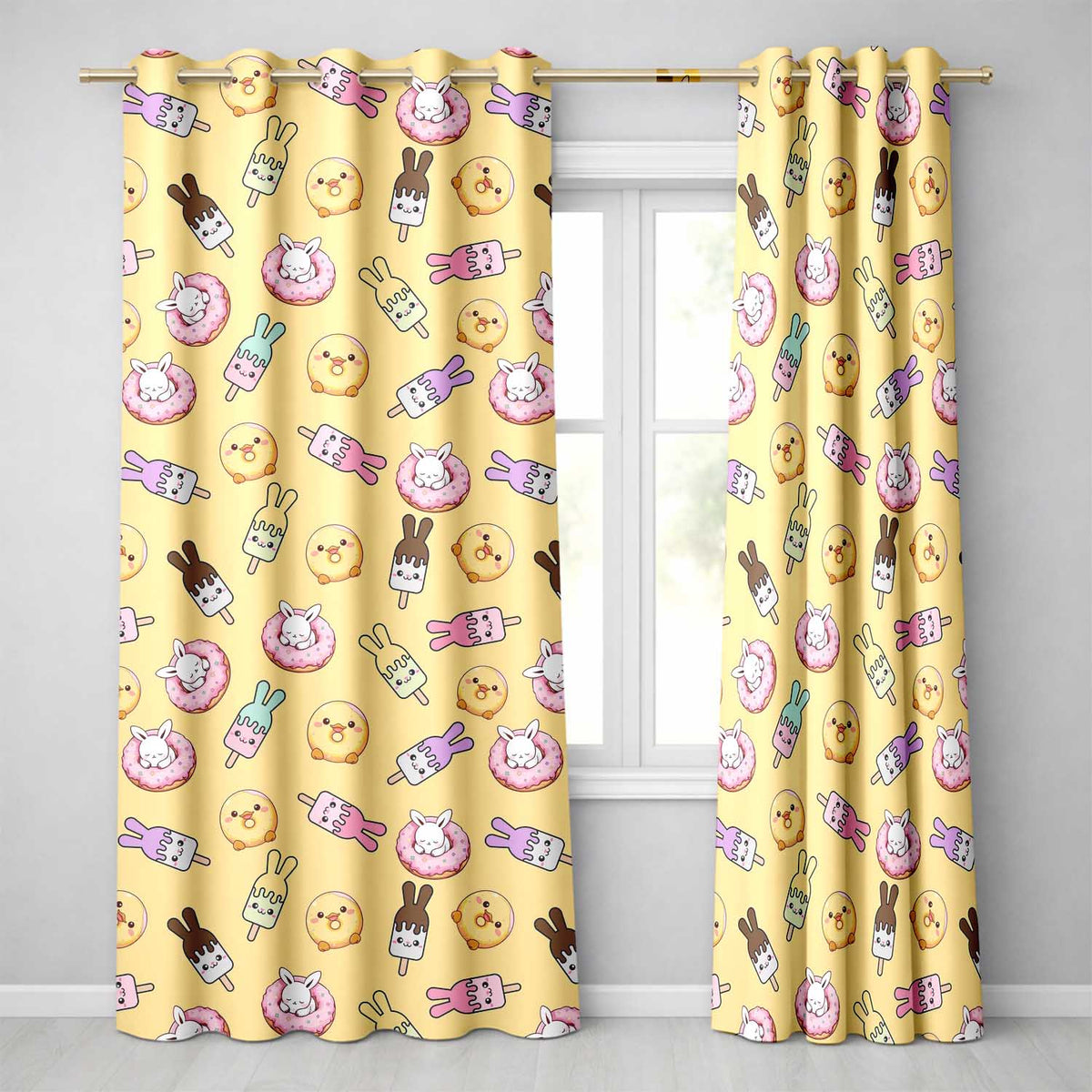 Cute Bunny Donut Ice Cream Kawaii Dessert Seamless Pattern Yellow Background Readymade Eyelet Ring Top Thermal 100% Blackout Curtains