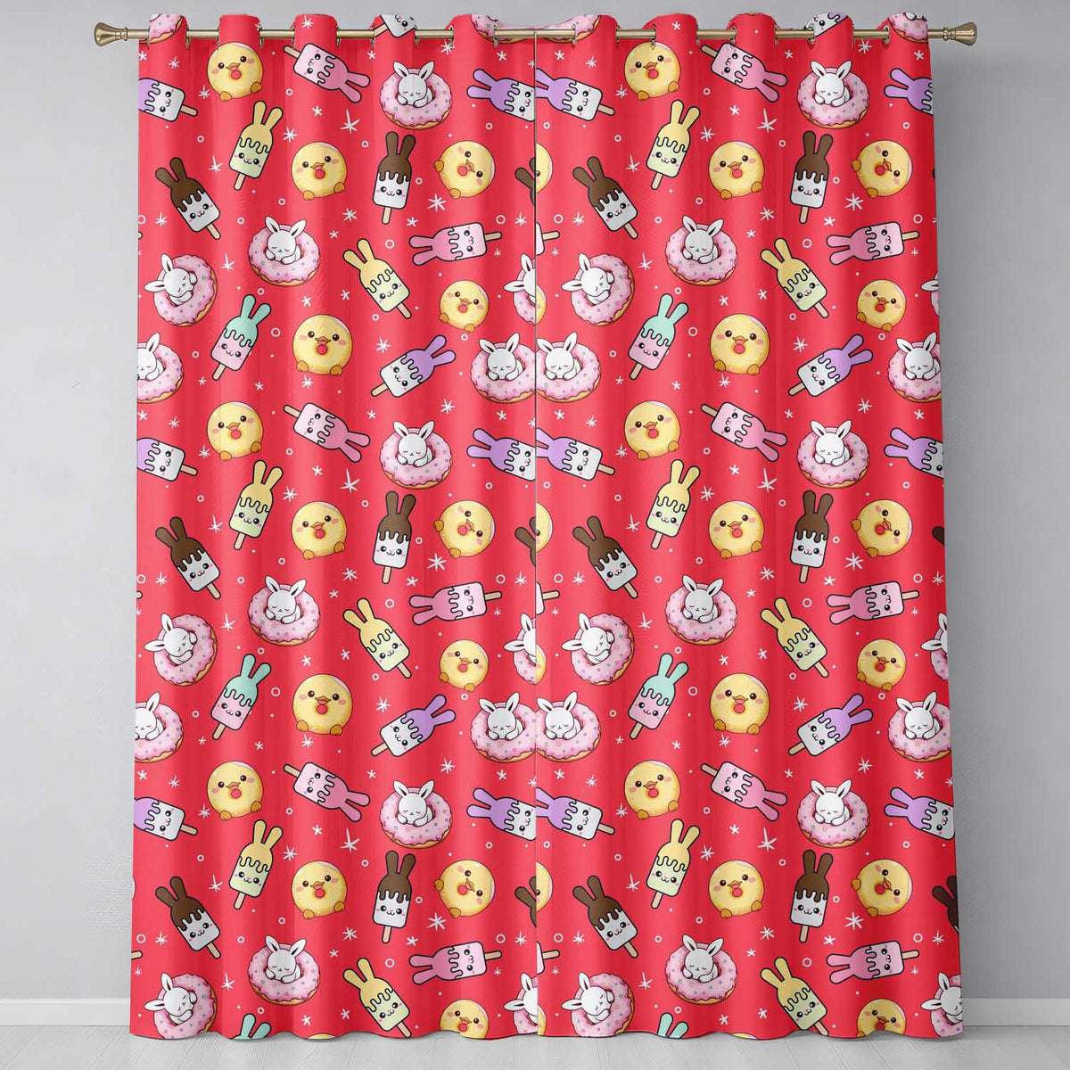 Cute Bunny Donut Ice Cream Kawaii Dessert Seamless Pattern Red Background Readymade Eyelet Ring Top Thermal 100% Blackout Curtains