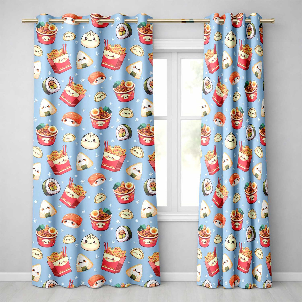 Cute Kawaii Sushi Ramen Dumpling Asian Food Seamless Pattern Blue Background Readymade Eyelet Ring Top Thermal 100% Blackout Curtains