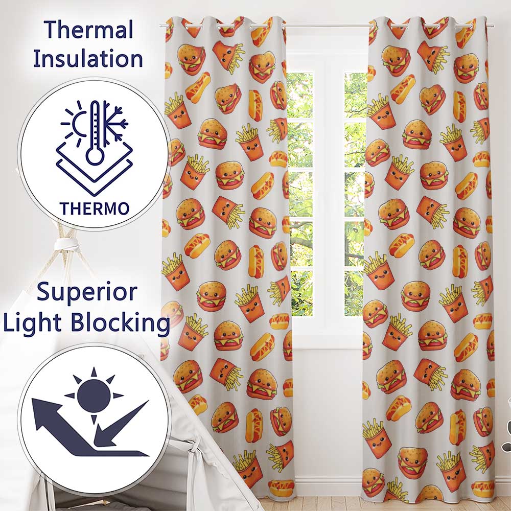 Kawaii Burger Fries Hotdog Fast Food Seamless Pattern Light Cream Background Readymade Eyelet Ring Top Thermal 100% Blackout Curtains
