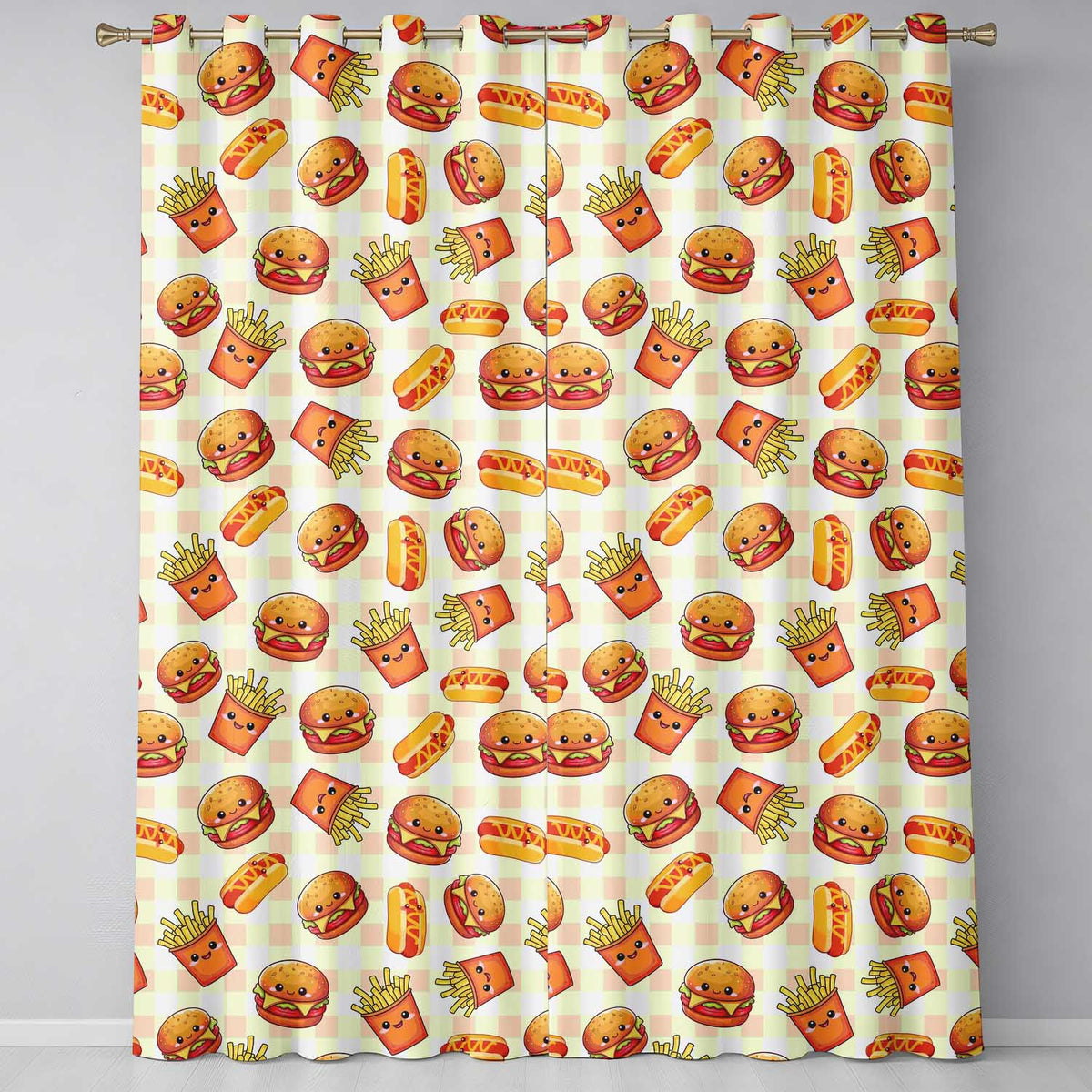 Cute Kawaii Burger Fries Hotdog Fast Food Seamless Pattern Gingham Background Readymade Eyelet Ring Top Thermal 100% Blackout Curtains