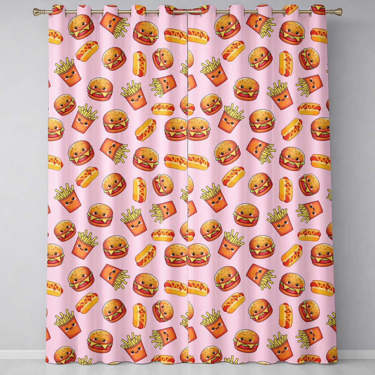 Cute Kawaii Burger Fries Hotdog Fast Food Seamless Pattern Soft Pink Background Readymade Eyelet Ring Top Thermal 100% Blackout Curtains