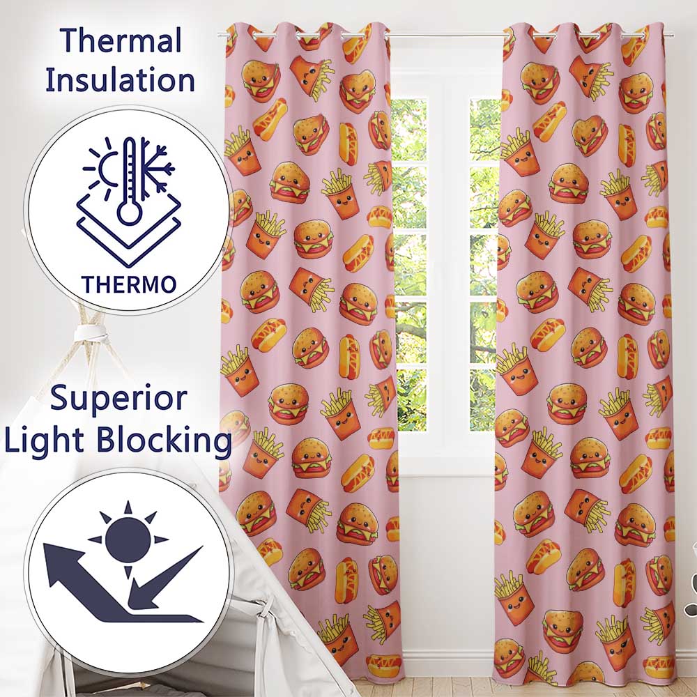 Kawaii Burger Fries Hotdog Fast Food Seamless Pattern Pastel Pink Background Readymade Eyelet Ring Top Thermal 100% Blackout Curtains