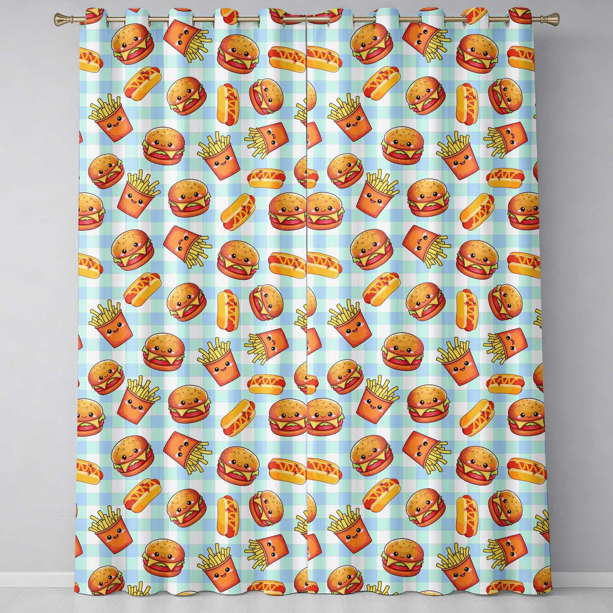 Kawaii Burger Fries Hotdog Fast Food Seamless Pattern Blue Gingham Background Readymade Eyelet Ring Top Thermal 100% Blackout Curtains