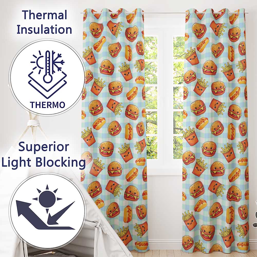 Kawaii Burger Fries Hotdog Fast Food Seamless Pattern Blue Gingham Background Readymade Eyelet Ring Top Thermal 100% Blackout Curtains