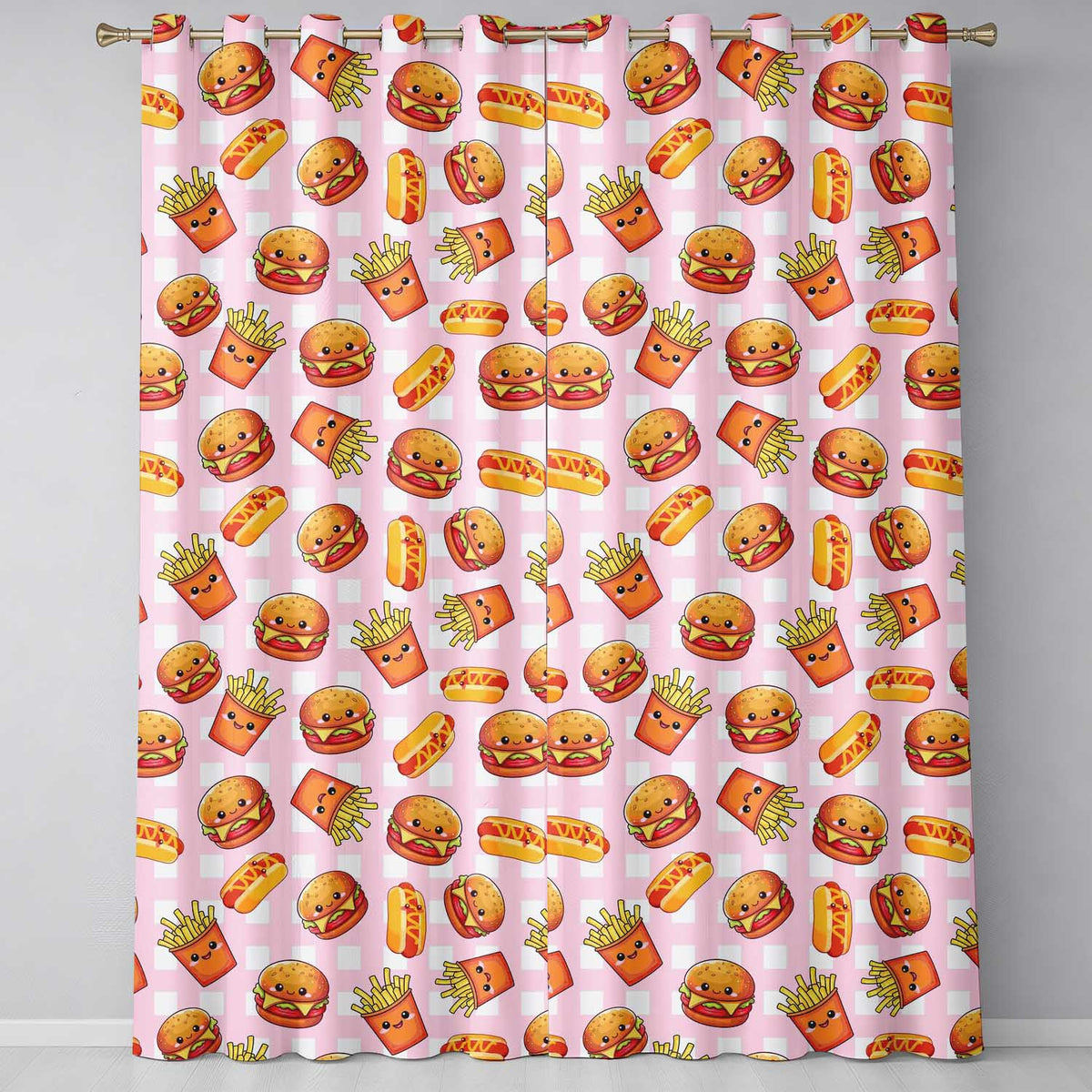 Kawaii Burger Fries Hotdog Fast Food Seamless Pattern Pink Gingham Background Readymade Eyelet Ring Top Thermal 100% Blackout Curtains