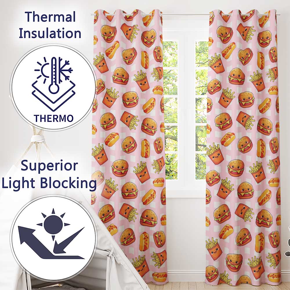 Kawaii Burger Fries Hotdog Fast Food Seamless Pattern Pink Gingham Background Readymade Eyelet Ring Top Thermal 100% Blackout Curtains