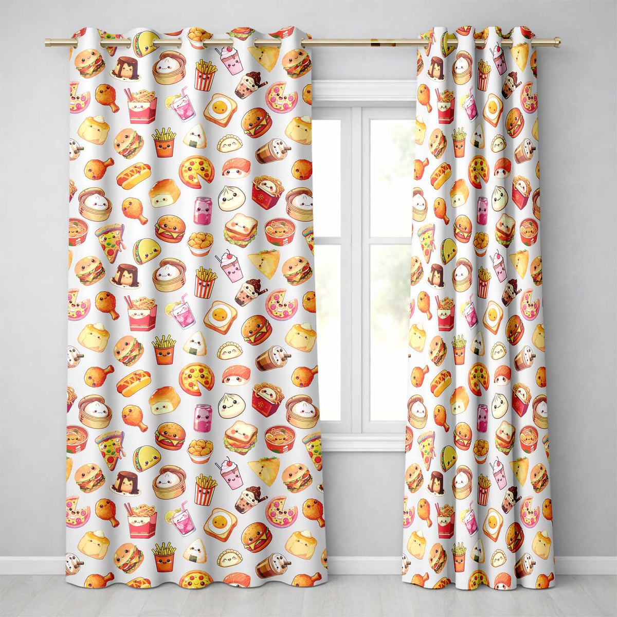 Cute Kawaii Fast Food Sushi Dessert Snacks Seamless Pattern Cream Background Readymade Eyelet Ring Top Thermal 100% Blackout Curtains