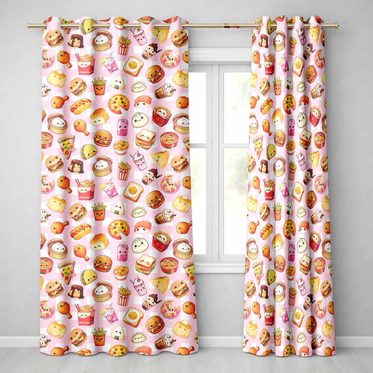 Cute Kawaii Fast Food Snacks Gingham Picnic Pink Background Seamless Pattern Readymade Eyelet Ring Top Thermal 100% Blackout Curtains