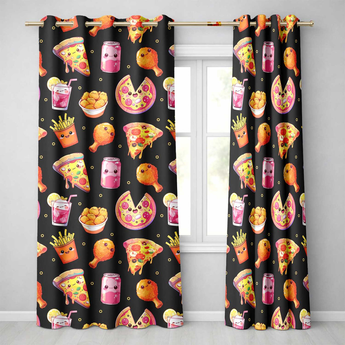 Cute Kawaii French Fries Black Background Seamless Pattern Readymade Eyelet Ring Top Thermal 100% Blackout Curtains