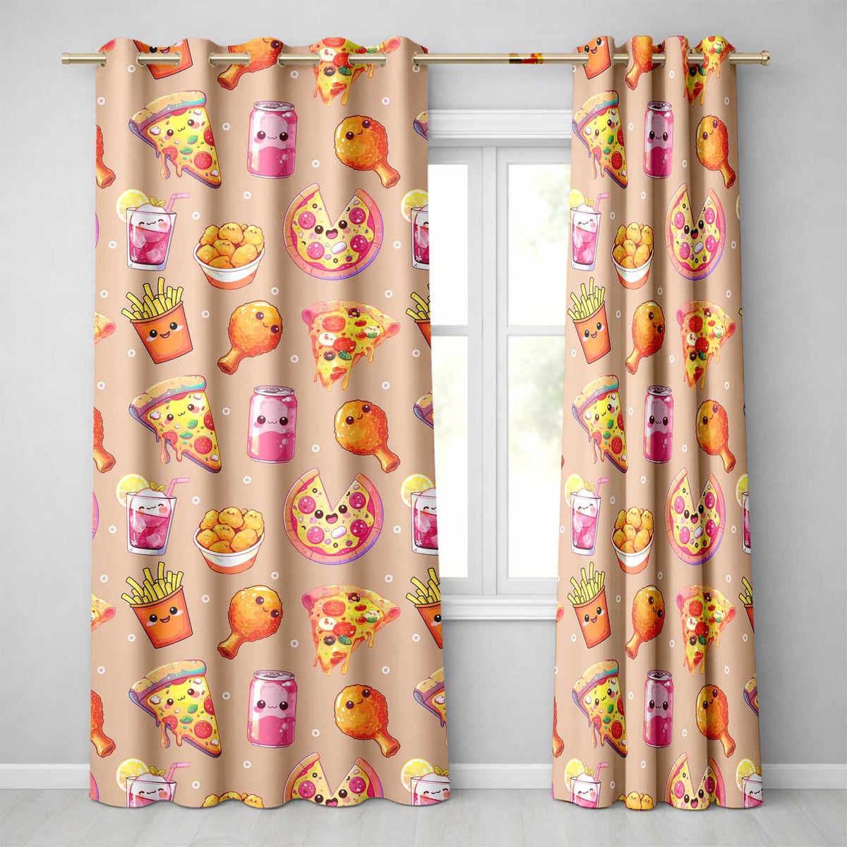 Cute Kawaii French Fries Peach Background Seamless Pattern Readymade Eyelet Ring Top Thermal 100% Blackout Curtains