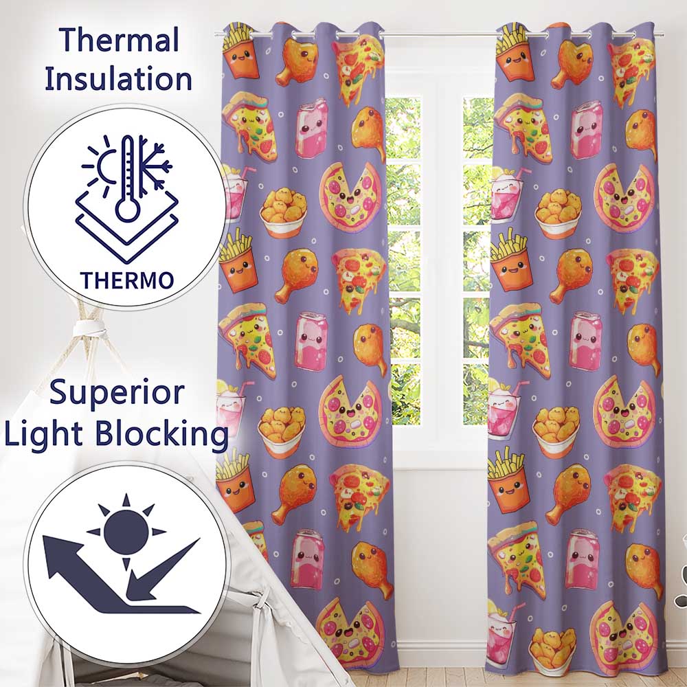 Cute French Fries Seamless Pattern Purple Background Readymade Eyelet Ring Top Thermal 100% Blackout Curtains