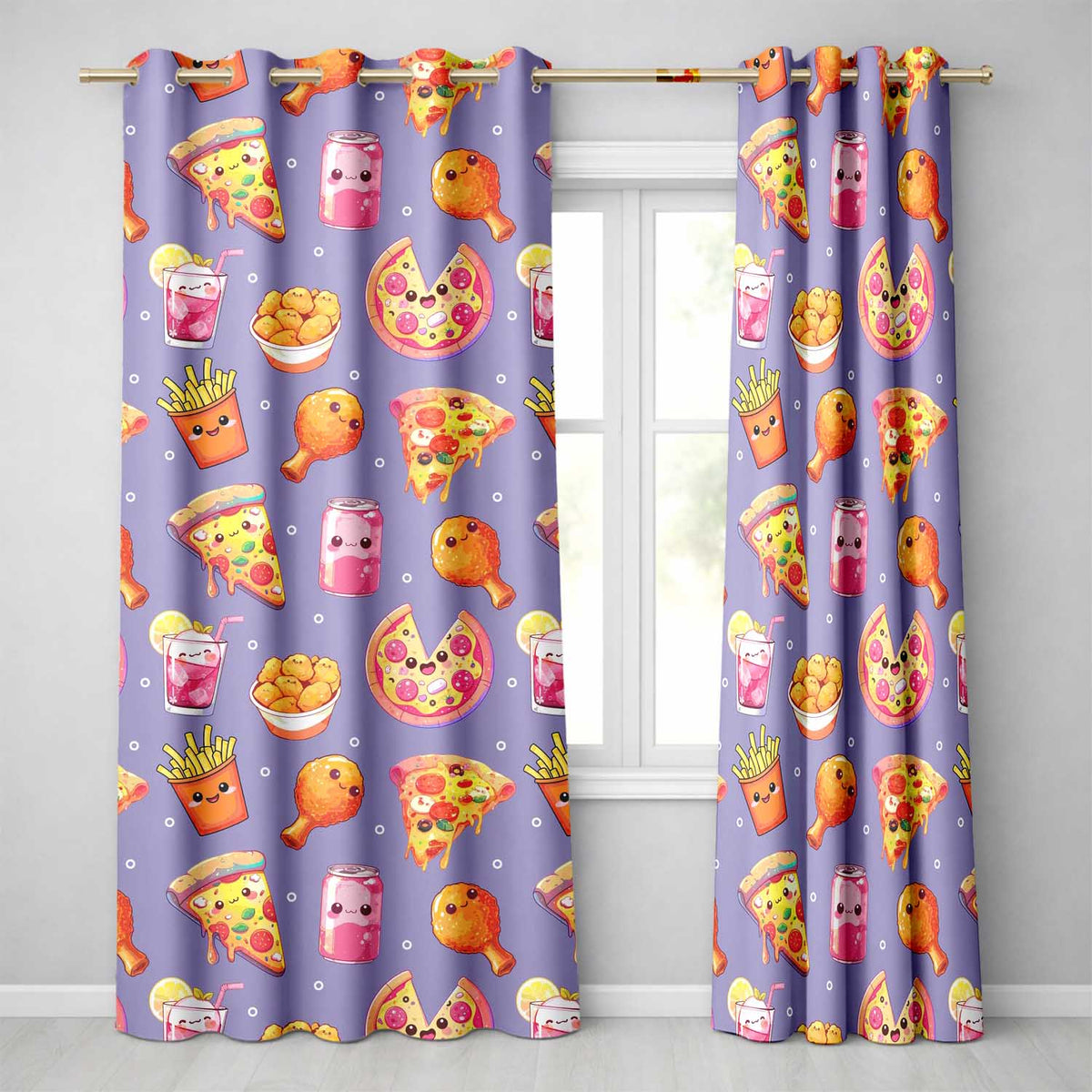 Cute French Fries Seamless Pattern Purple Background Readymade Eyelet Ring Top Thermal 100% Blackout Curtains