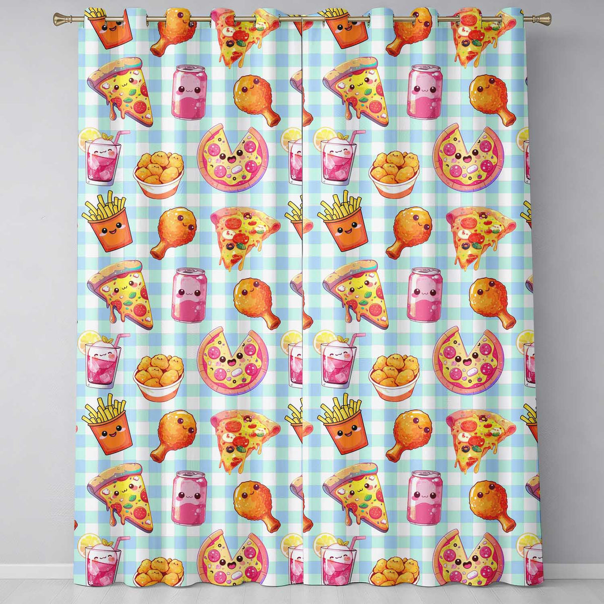 Cute Kawaii Fast Food Pattern with Pizza Chicken Soda Blue Check Background Readymade Eyelet Ring Top Thermal 100% Blackout Curtains
