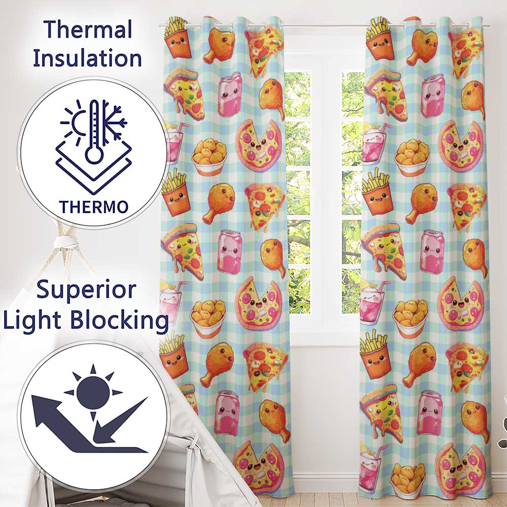 Cute Kawaii Fast Food Pattern with Pizza Chicken Soda Blue Check Background Readymade Eyelet Ring Top Thermal 100% Blackout Curtains