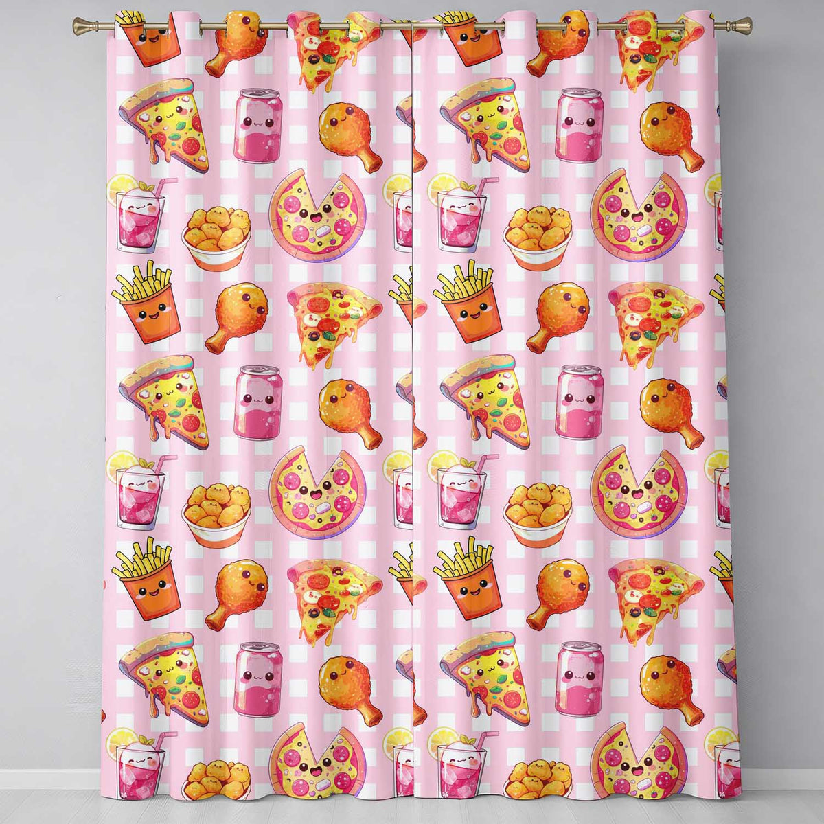 Cute Kawaii Fast Food Pattern with Pizza Chicken Soda Pink Check Background Readymade Eyelet Ring Top Thermal 100% Blackout Curtains