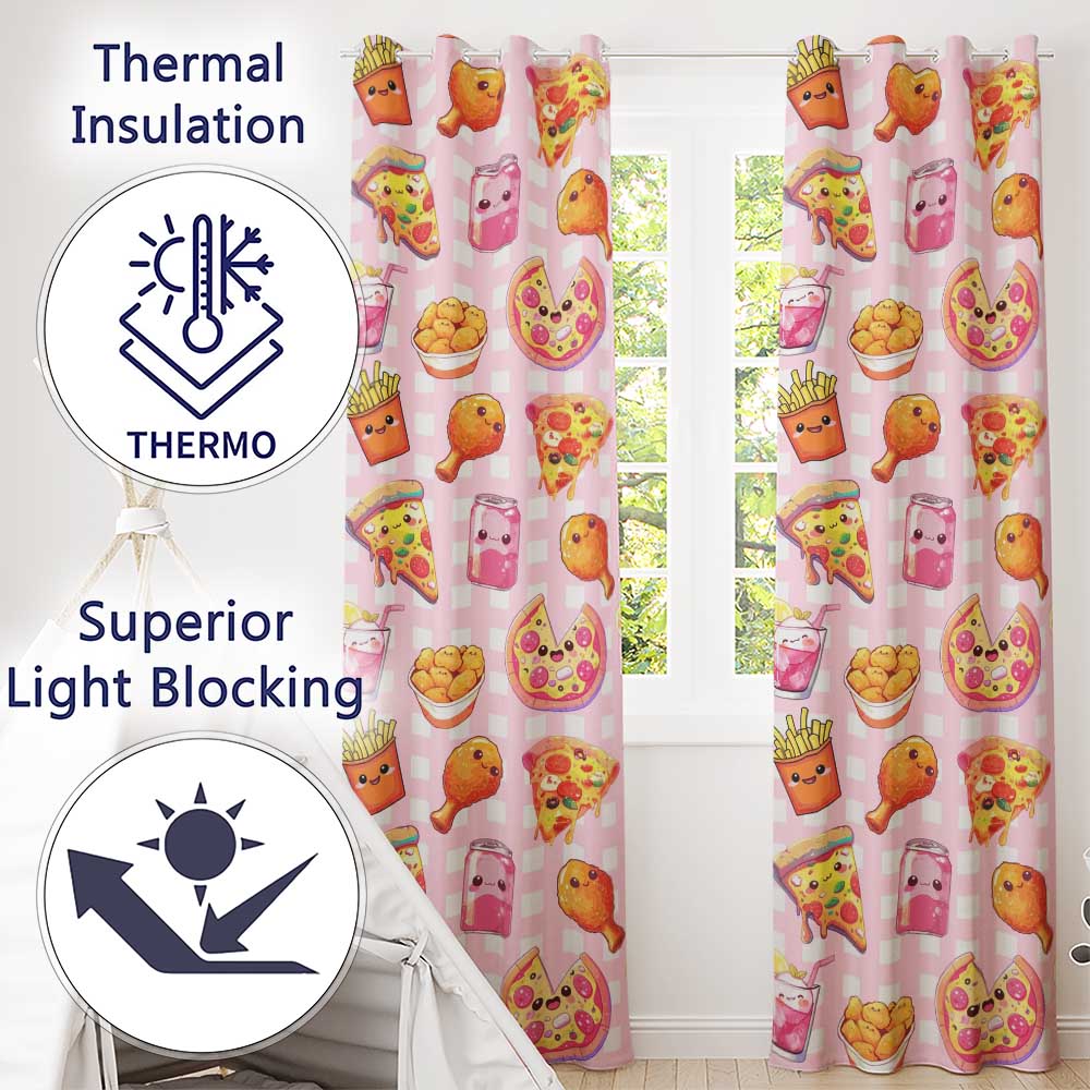 Cute Kawaii Fast Food Pattern with Pizza Chicken Soda Pink Check Background Readymade Eyelet Ring Top Thermal 100% Blackout Curtains
