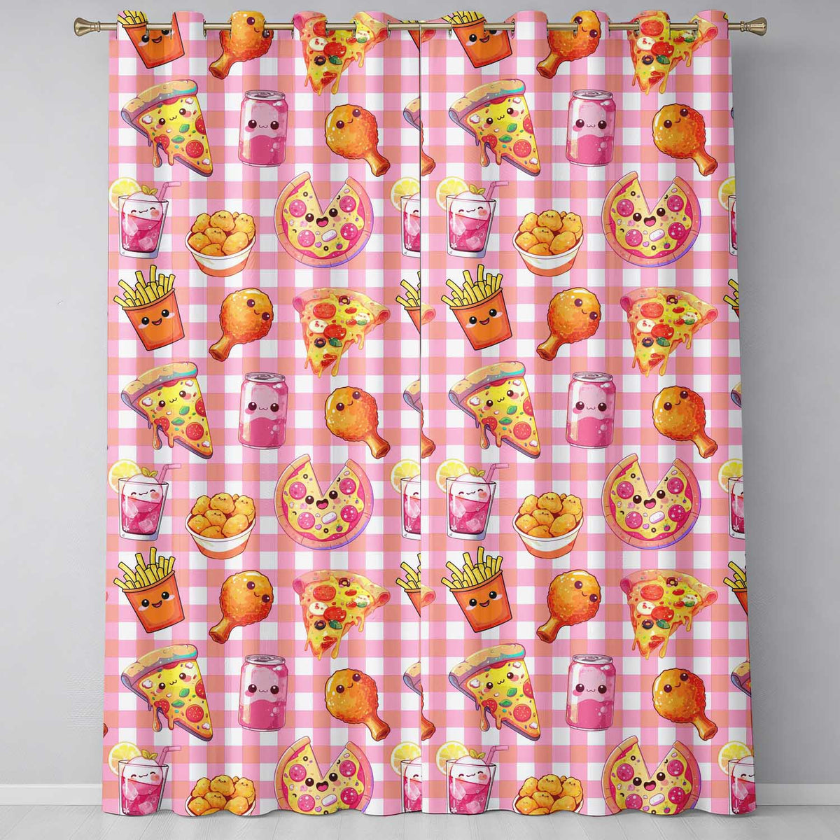 Cute Kawaii Fast Food Pattern with Pizza Chicken Soda Red Check Background Readymade Eyelet Ring Top Thermal 100% Blackout Curtains