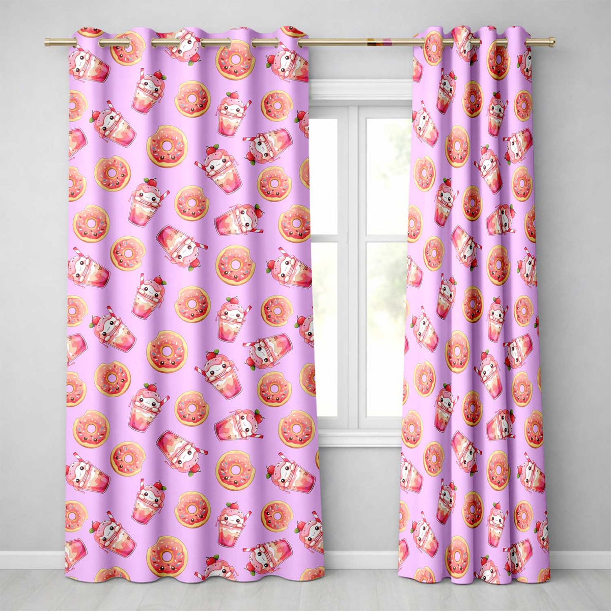 Cute Kawaii Donut and Strawberry Drink Seamless Pattern Purple Background Readymade Eyelet Ring Top Thermal 100% Blackout Curtains