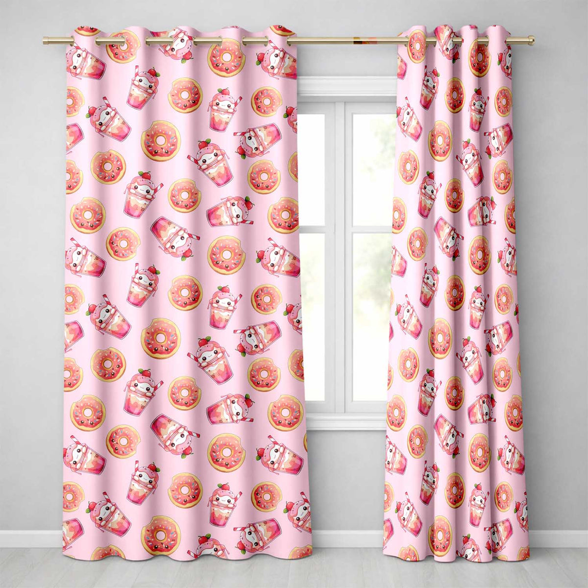 Cute Kawaii Donut and Strawberry Drink Pattern Soft Pink Background Seamless Readymade Eyelet Ring Top Thermal 100% Blackout Curtains