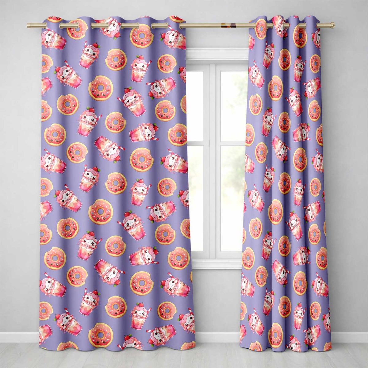 Cute Kawaii Donut and Strawberry Drink Pattern Purple Background Seamless Readymade Eyelet Ring Top Thermal 100% Blackout Curtains