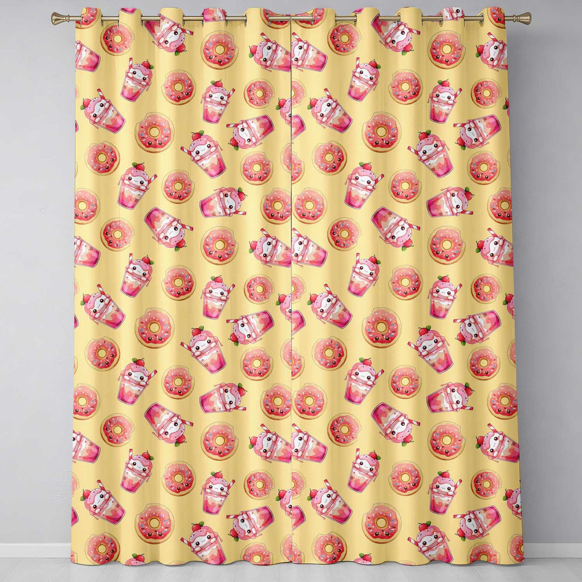 Cute Kawaii Donut and Strawberry Drink Pattern Yellow Background Seamless Readymade Eyelet Ring Top Thermal 100% Blackout Curtains