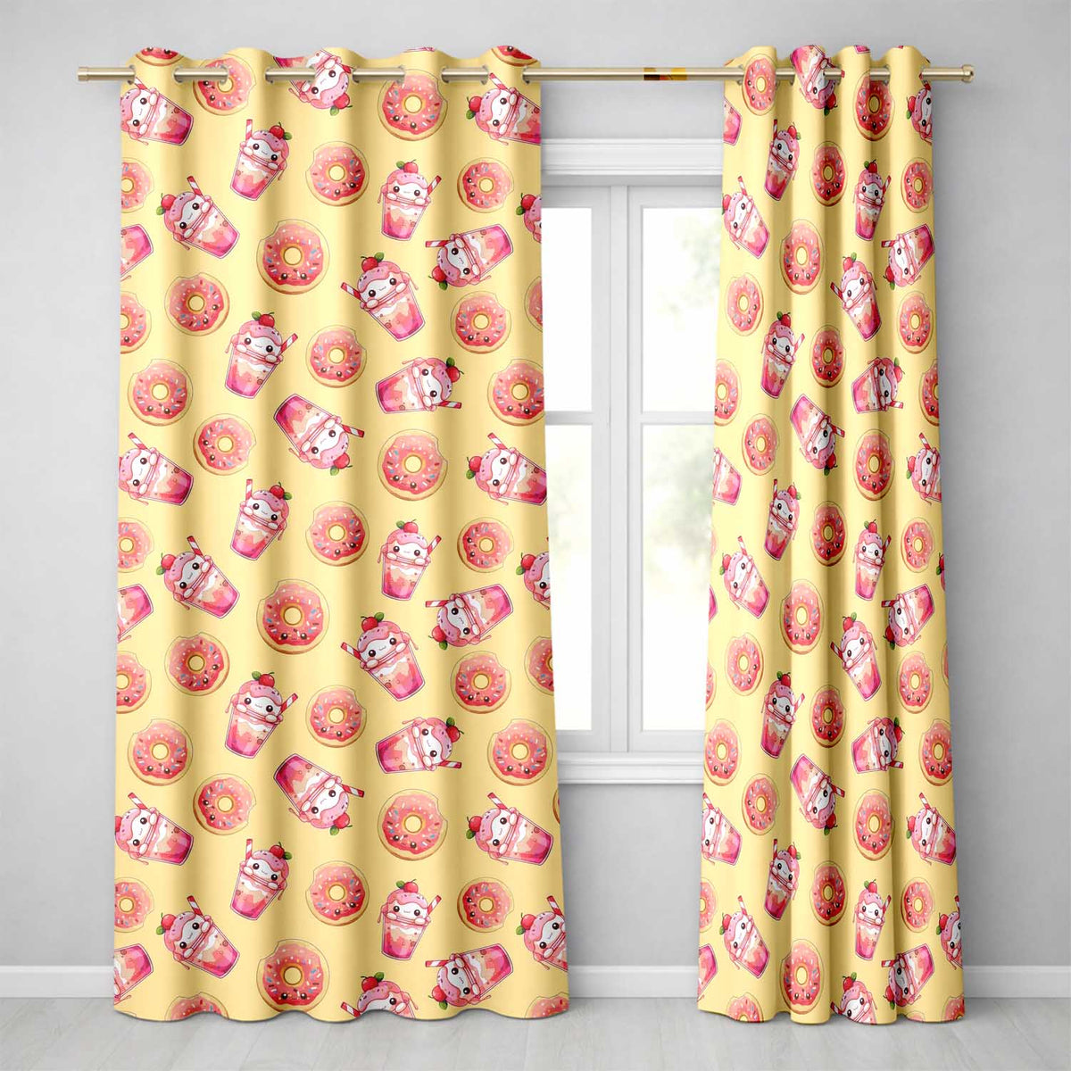 Cute Kawaii Donut and Strawberry Drink Pattern Yellow Background Seamless Readymade Eyelet Ring Top Thermal 100% Blackout Curtains