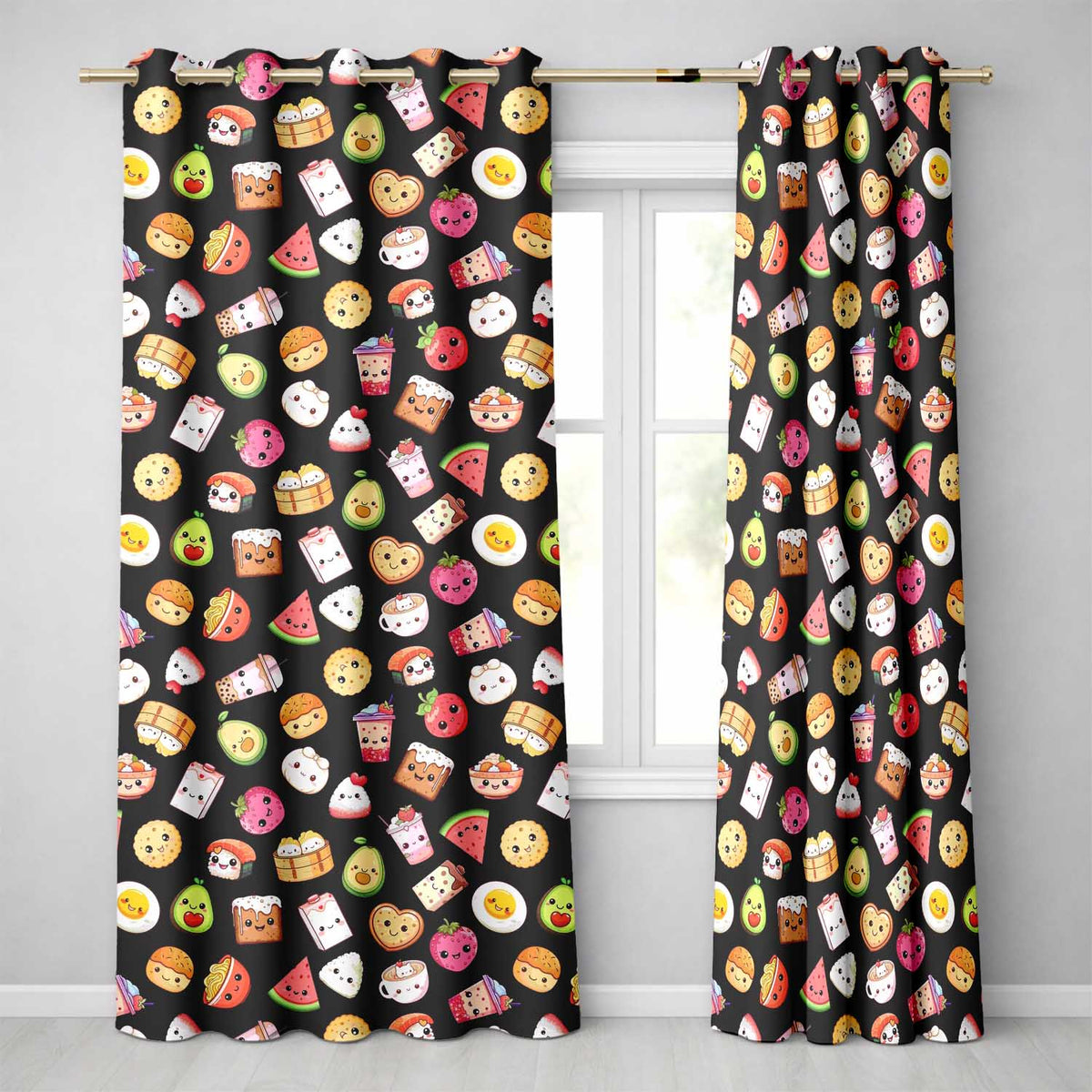 Kawaii Food Collection Sushi Fruit Drinks Cute Cartoon Seamless Pattern Readymade Eyelet Ring Top Thermal 100% Blackout Curtains