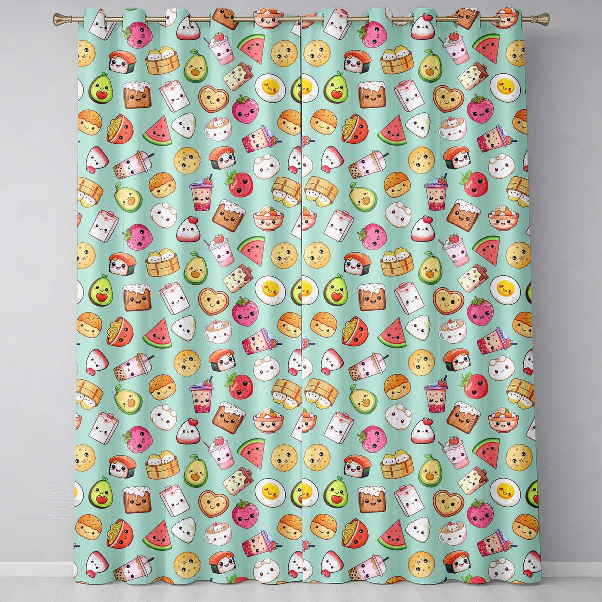 Kawaii Food Collection Sushi Fruit Drink Green Background Cute Seamless Pattern Readymade Eyelet Ring Top Thermal 100% Blackout Curtains