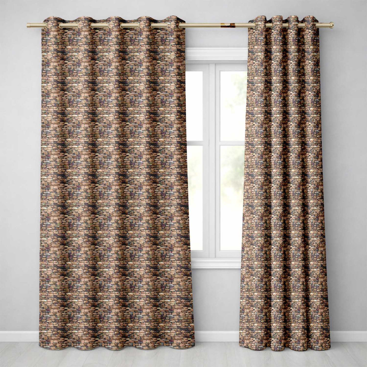 Rustic Brown Stone Wall Texture Seamless Pattern Readymade Eyelet Ring Top Thermal 100% Blackout Curtains