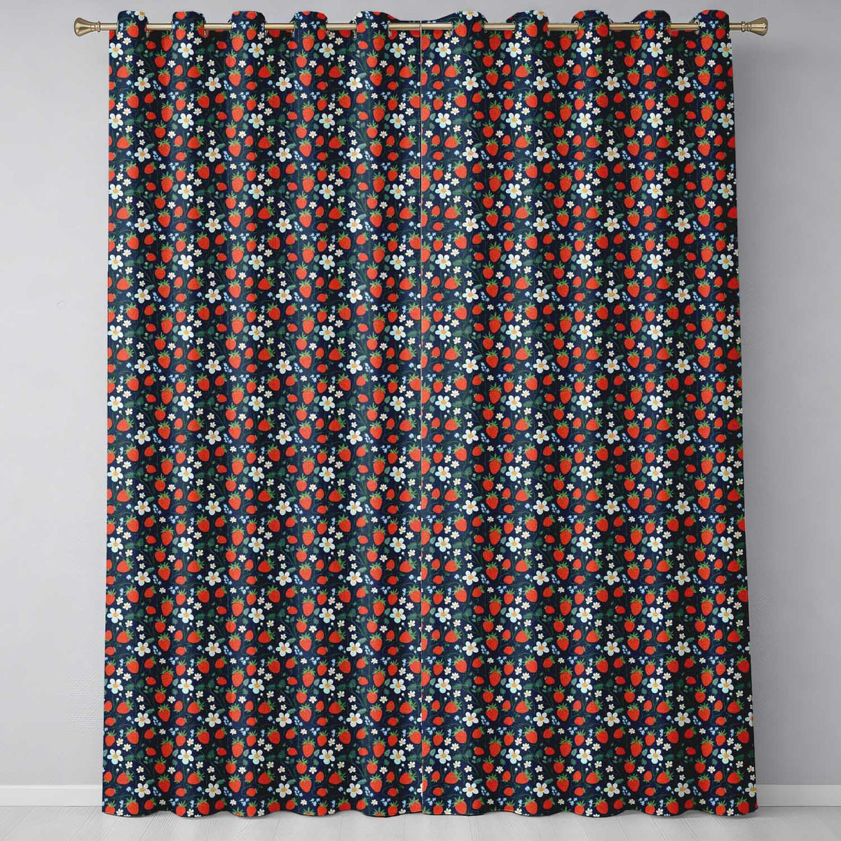 Wild Strawberry Floral Navy Background Seamless Pattern Readymade Eyelet Ring Top Thermal 100% Blackout Curtains