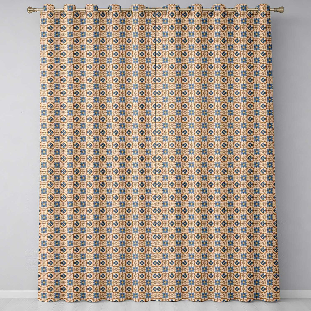 Classic Blue Floral Geometric Tile Pattern Seamless Readymade Eyelet Ring Top Thermal 100% Blackout Curtains