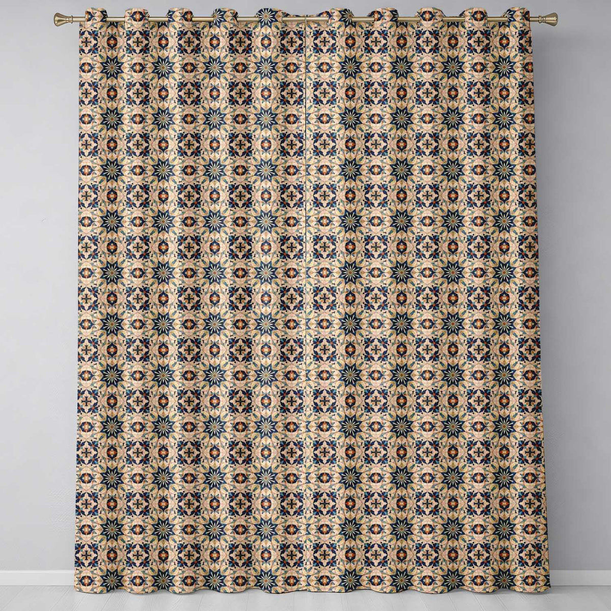 Intricate Moroccan Star Tile Blue Beige Pattern Seamless Readymade Eyelet Ring Top Thermal 100% Blackout Curtains