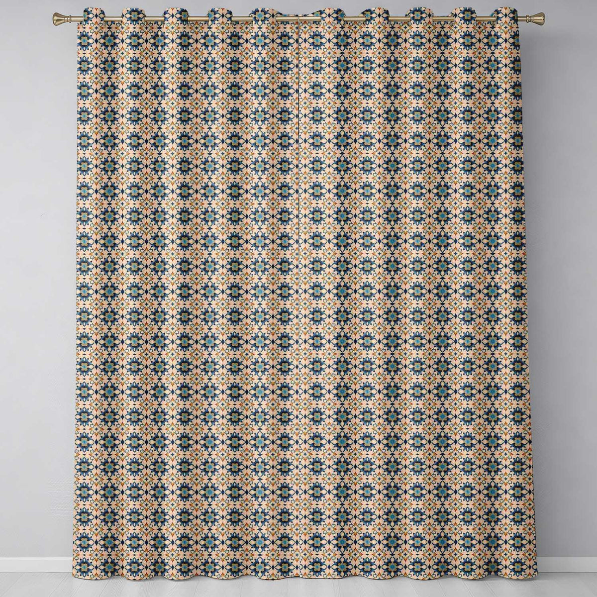 Decorative Blue Floral Tile Pattern Beige Background Seamless Readymade Eyelet Ring Top Thermal 100% Blackout Curtains