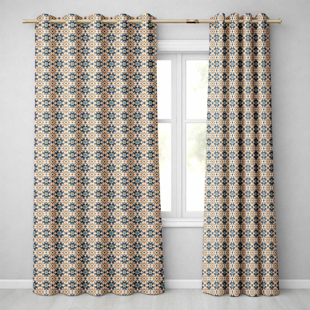 Decorative Blue Floral Tile Pattern Beige Background Seamless Readymade Eyelet Ring Top Thermal 100% Blackout Curtains