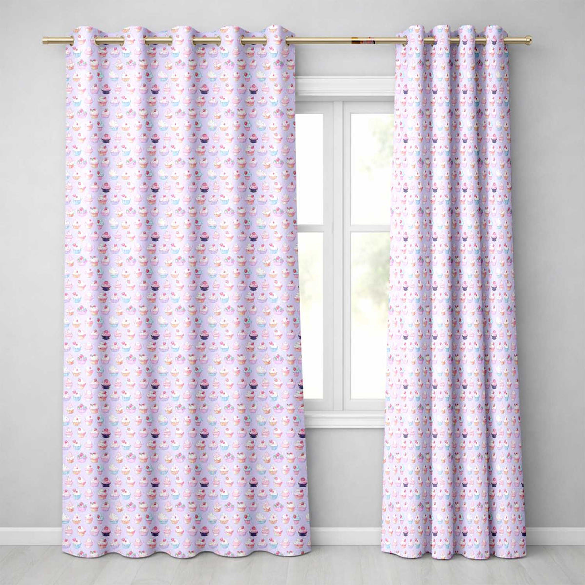 Kawaii Cupcake Sweet Treats Blue Background Seamless Pattern Readymade Eyelet Ring Top Thermal 100% Blackout Curtains