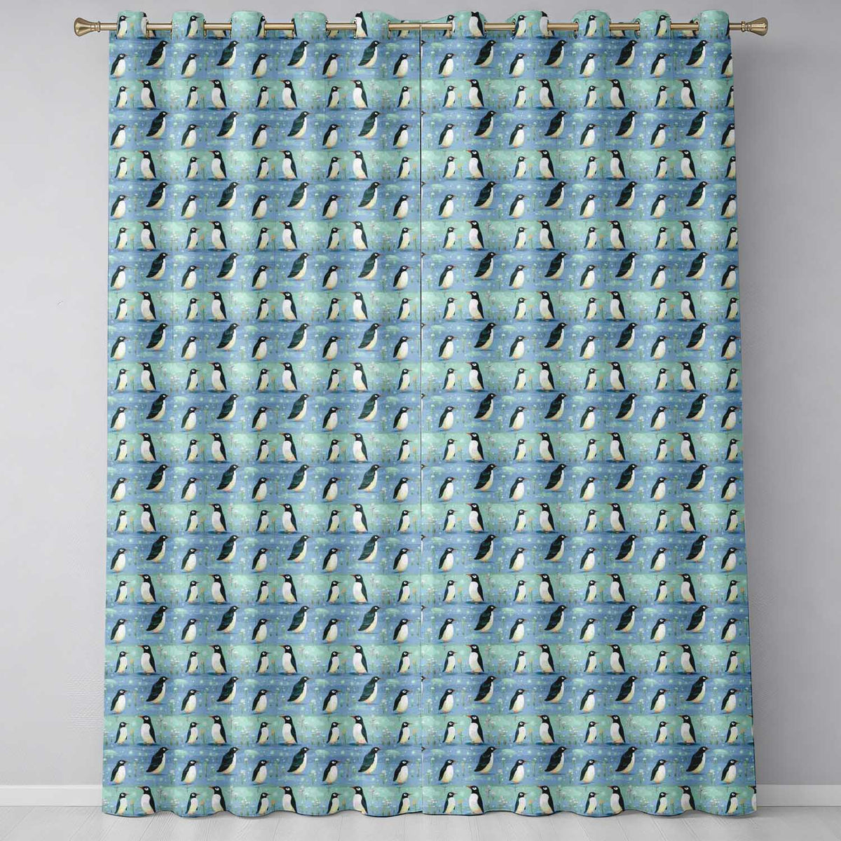 Cute Penguin Birds Snowy Winter Landscape Seamless Pattern Readymade Eyelet Ring Top Thermal 100% Blackout Curtains