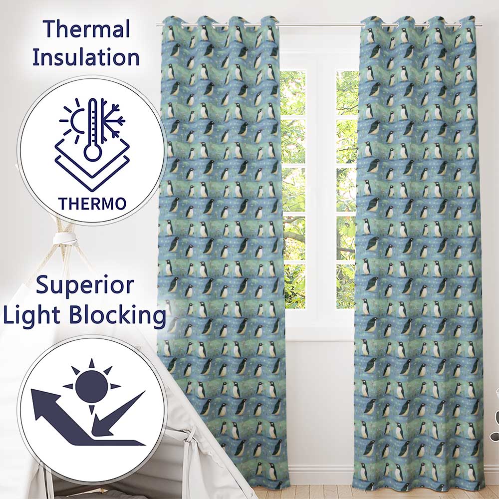 Cute Penguin Birds Snowy Winter Landscape Seamless Pattern Readymade Eyelet Ring Top Thermal 100% Blackout Curtains