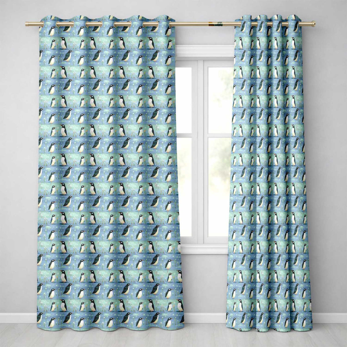 Cute Penguin Birds Snowy Winter Landscape Seamless Pattern Readymade Eyelet Ring Top Thermal 100% Blackout Curtains