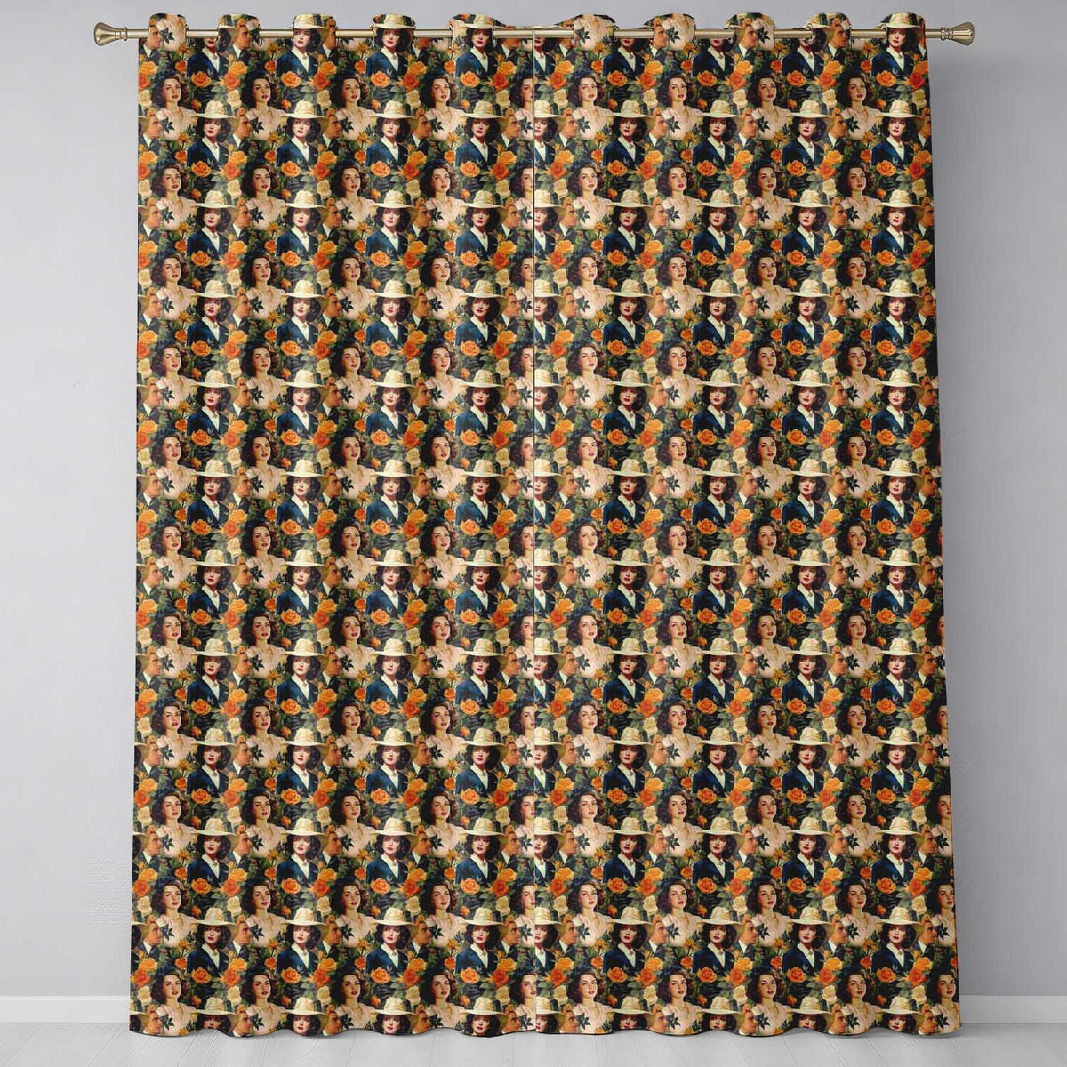 Vintage Elegant Women Portrait Floral Seamless Pattern Readymade Eyelet Ring Top Thermal 100% Blackout Curtains