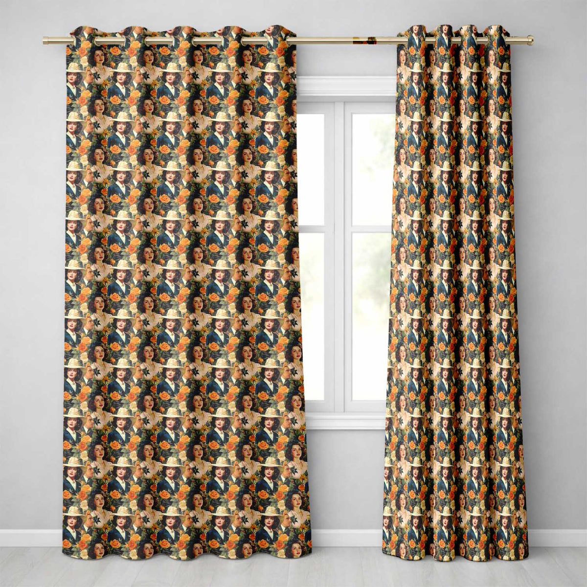 Vintage Elegant Women Portrait Floral Seamless Pattern Readymade Eyelet Ring Top Thermal 100% Blackout Curtains
